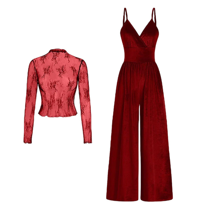 ✨50 % de réduction + livraison gratuite🔥Ensemble 2 pièces : combinaison en velours et haut en dentelle👗