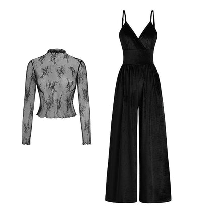 ✨50 % de réduction + livraison gratuite🔥Ensemble 2 pièces : combinaison en velours et haut en dentelle👗