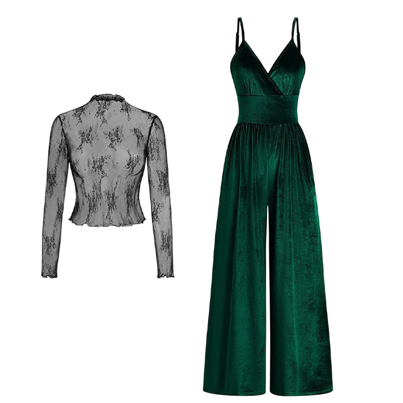 ✨50 % de réduction + livraison gratuite🔥Ensemble 2 pièces : combinaison en velours et haut en dentelle👗