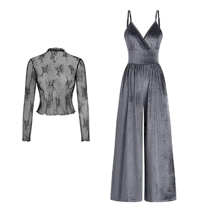 ✨50 % de réduction + livraison gratuite🔥Ensemble 2 pièces : combinaison en velours et haut en dentelle👗