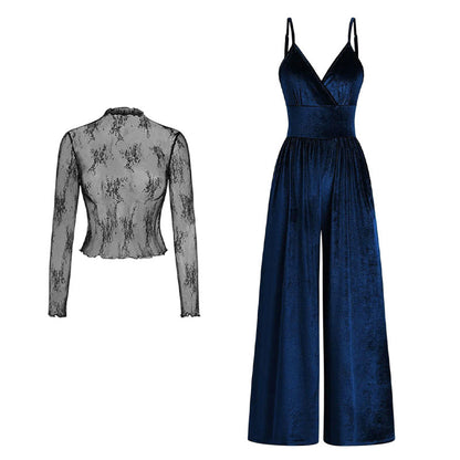 ✨50 % de réduction + livraison gratuite🔥Ensemble 2 pièces : combinaison en velours et haut en dentelle👗