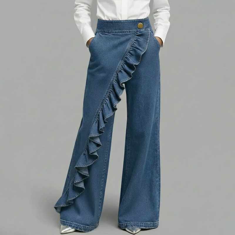 👖 OFFRE EXCLUSIVE : 59% DE RÉDUCTION ! 💃 Pantalon Denim Large à Volants Asymétriques – Coupe Taille Haute, Style Bohème & Tissu de Qualité 🌸