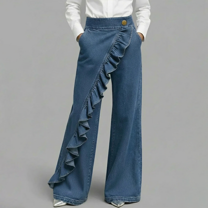 👖 OFFRE EXCLUSIVE : 59% DE RÉDUCTION ! 💃 Pantalon Denim Large à Volants Asymétriques – Coupe Taille Haute, Style Bohème & Tissu de Qualité 🌸
