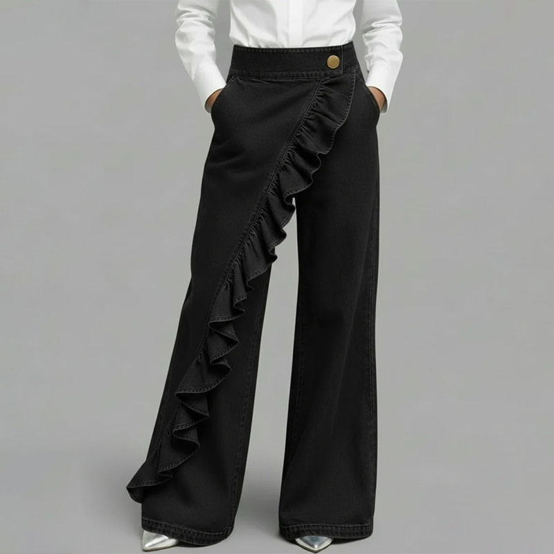 👖 OFFRE EXCLUSIVE : 59% DE RÉDUCTION ! 💃 Pantalon Denim Large à Volants Asymétriques – Coupe Taille Haute, Style Bohème & Tissu de Qualité 🌸