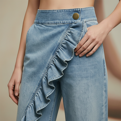 👖 OFFRE EXCLUSIVE : 59% DE RÉDUCTION ! 💃 Pantalon Denim Large à Volants Asymétriques – Coupe Taille Haute, Style Bohème & Tissu de Qualité 🌸