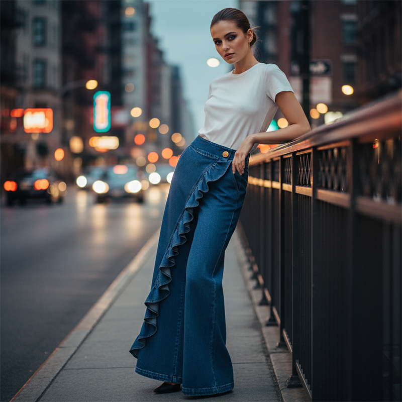 👖 OFFRE EXCLUSIVE : 59% DE RÉDUCTION ! 💃 Pantalon Denim Large à Volants Asymétriques – Coupe Taille Haute, Style Bohème & Tissu de Qualité 🌸