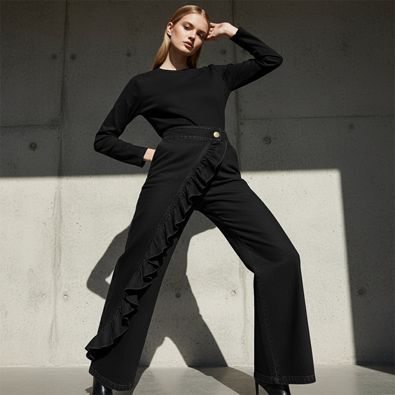 👖 OFFRE EXCLUSIVE : 59% DE RÉDUCTION ! 💃 Pantalon Denim Large à Volants Asymétriques – Coupe Taille Haute, Style Bohème & Tissu de Qualité 🌸
