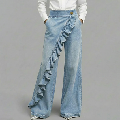 👖 OFFRE EXCLUSIVE : 59% DE RÉDUCTION ! 💃 Pantalon Denim Large à Volants Asymétriques – Coupe Taille Haute, Style Bohème & Tissu de Qualité 🌸