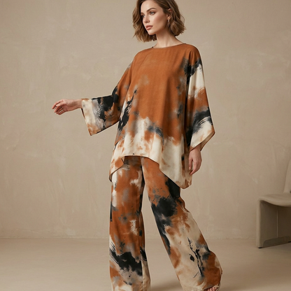 👗Ensemble pantalon large fluide et haut à imprimé abstrait 🌸 Chic & Fluide 🎨 -55% 🔥
