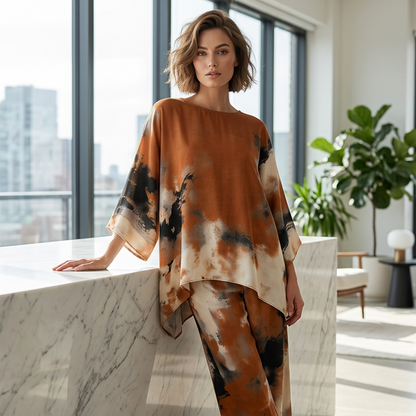 👗Ensemble pantalon large fluide et haut à imprimé abstrait 🌸 Chic & Fluide 🎨 -55% 🔥
