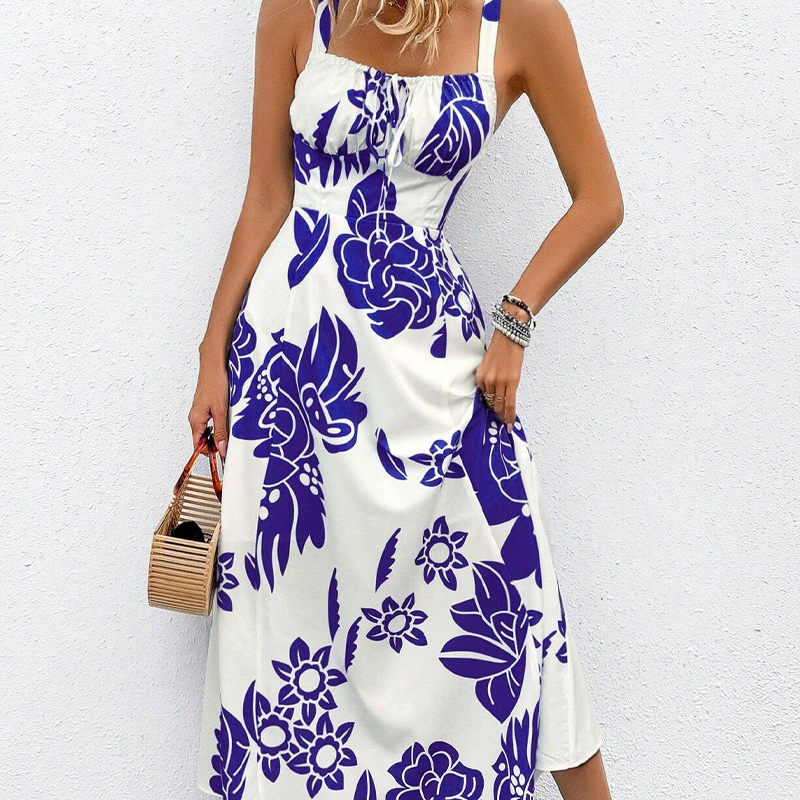 🌺 PROMO LIMITÉE 52% DE RÉDUCTION ! 👗 Robe Imprimée à Bretelles Fines – Dos Froncé, Coupe Trapèze, Légère 🦋