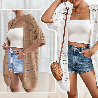 🔥Cardigan en maille ajourée à manches courtes pour femme💦 | Style Bohème & Fraîcheur Été 🌸