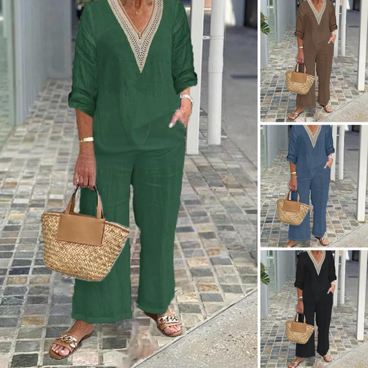🌸Haut à col en V et pantalon à jambes larges pour femme🌼