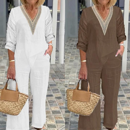 🌸Haut à col en V et pantalon à jambes larges pour femme🌼