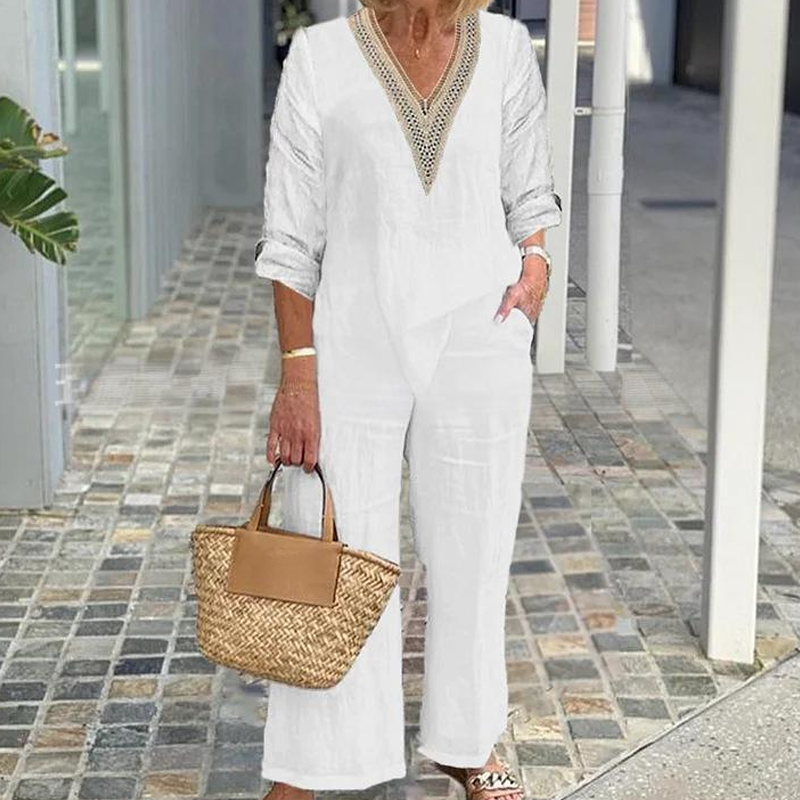 🌸Haut à col en V et pantalon à jambes larges pour femme🌼