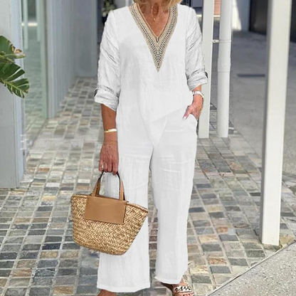 🌸Haut à col en V et pantalon à jambes larges pour femme🌼