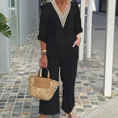 🌸Haut à col en V et pantalon à jambes larges pour femme🌼