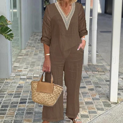 🌸Haut à col en V et pantalon à jambes larges pour femme🌼
