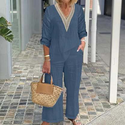 🌸Haut à col en V et pantalon à jambes larges pour femme🌼
