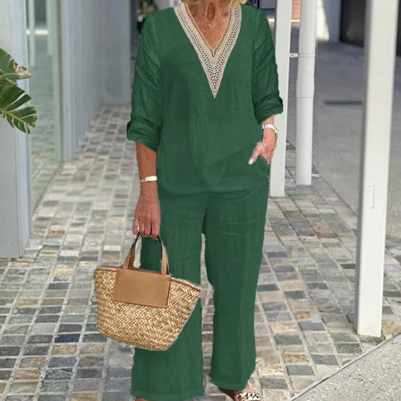 🌸Haut à col en V et pantalon à jambes larges pour femme🌼