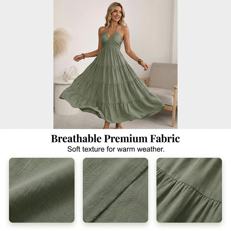 👗56 % de réduction + livraison gratuite à partir de 2 articles ! 🚚💨Robe longue à volants, dos nu et col licou pour femme