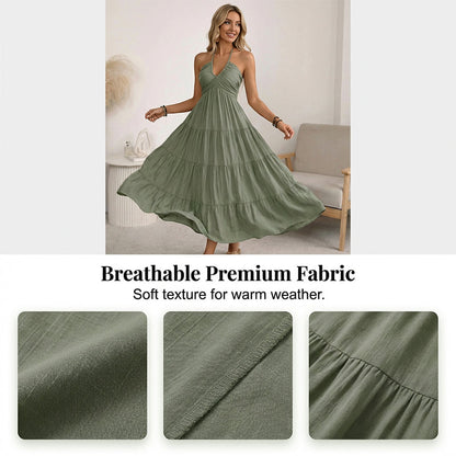 👗56 % de réduction + livraison gratuite à partir de 2 articles ! 🚚💨Robe longue à volants, dos nu et col licou pour femme