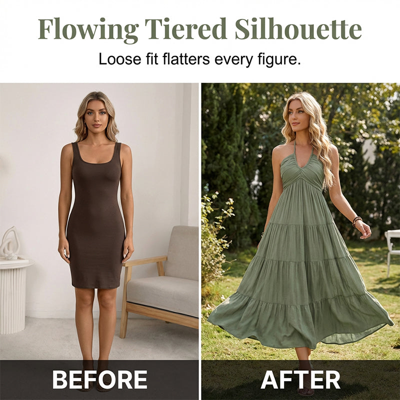 👗56 % de réduction + livraison gratuite à partir de 2 articles ! 🚚💨Robe longue à volants, dos nu et col licou pour femme