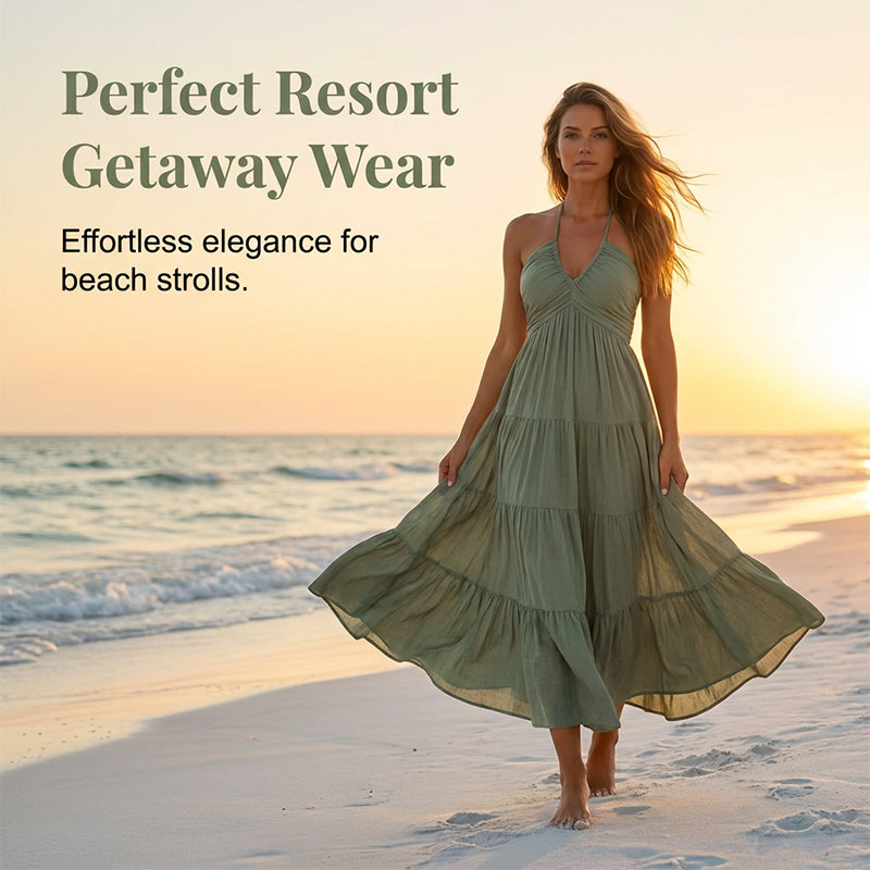 👗56 % de réduction + livraison gratuite à partir de 2 articles ! 🚚💨Robe longue à volants, dos nu et col licou pour femme