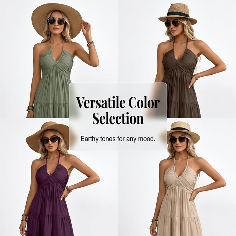 👗56 % de réduction + livraison gratuite à partir de 2 articles ! 🚚💨Robe longue à volants, dos nu et col licou pour femme