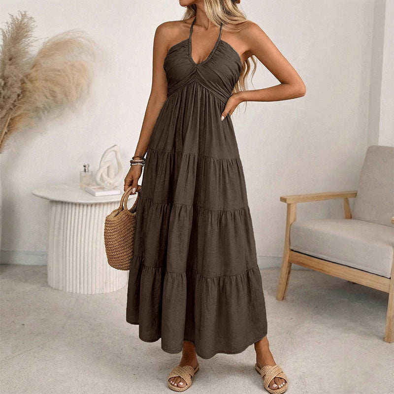 👗56 % de réduction + livraison gratuite à partir de 2 articles ! 🚚💨Robe longue à volants, dos nu et col licou pour femme