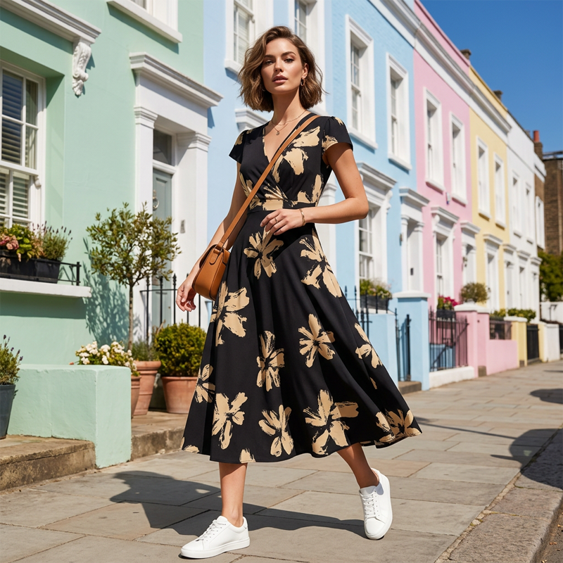 👗Robe décontractée à imprimé, col en V et volants pour femme✨
