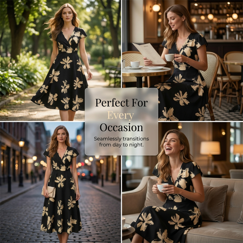 👗Robe décontractée à imprimé, col en V et volants pour femme✨