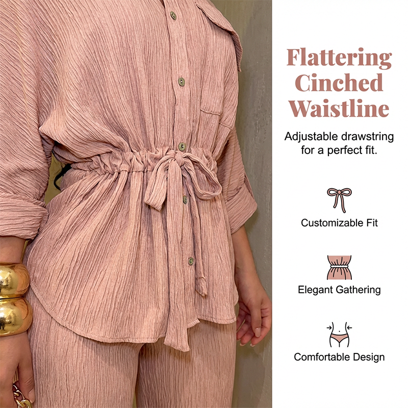 🌸Ensemble chemise à cordon de serrage et pantalon large pour femme ✅ Chemise à Cordon & Pantalon Large | Fluide et Élégant 🎀 50 % de réduction + livraison gratuite  🔥