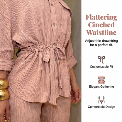 🌸Ensemble chemise à cordon de serrage et pantalon large pour femme ✅ Chemise à Cordon & Pantalon Large | Fluide et Élégant 🎀 50 % de réduction + livraison gratuite  🔥