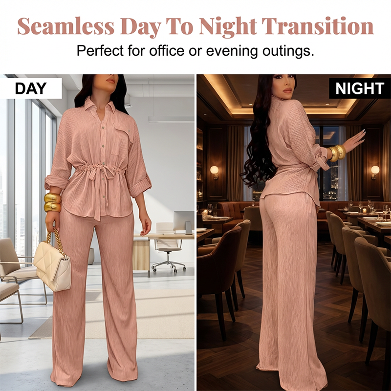🌸Ensemble chemise à cordon de serrage et pantalon large pour femme ✅ Chemise à Cordon & Pantalon Large | Fluide et Élégant 🎀 50 % de réduction + livraison gratuite  🔥