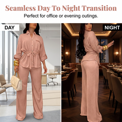 🌸Ensemble chemise à cordon de serrage et pantalon large pour femme ✅ Chemise à Cordon & Pantalon Large | Fluide et Élégant 🎀 50 % de réduction + livraison gratuite  🔥