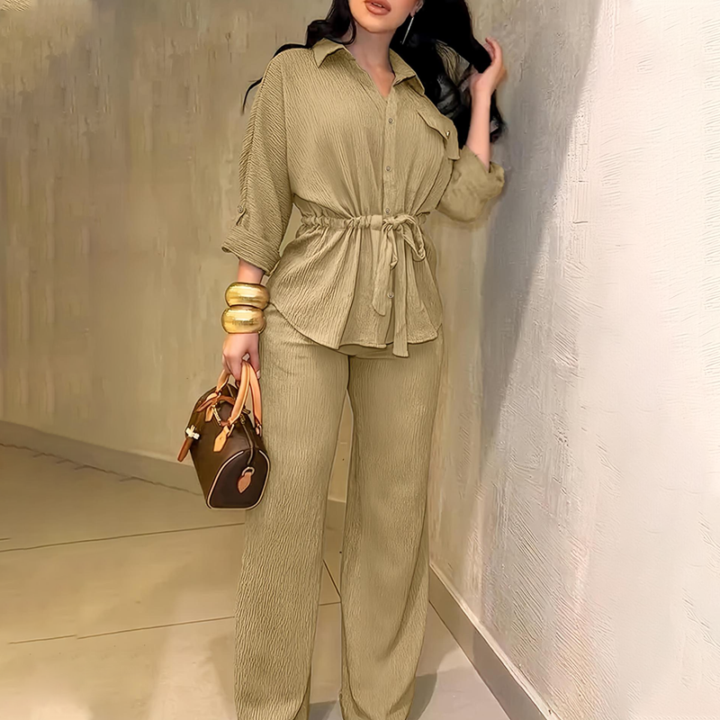 🌸Ensemble chemise à cordon de serrage et pantalon large pour femme ✅ Chemise à Cordon & Pantalon Large | Fluide et Élégant 🎀 50 % de réduction + livraison gratuite  🔥