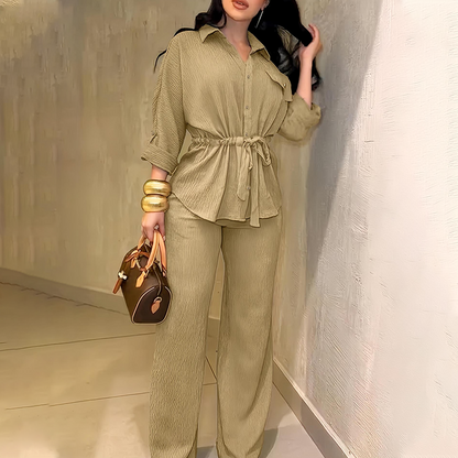 🌸Ensemble chemise à cordon de serrage et pantalon large pour femme ✅ Chemise à Cordon & Pantalon Large | Fluide et Élégant 🎀 50 % de réduction + livraison gratuite  🔥