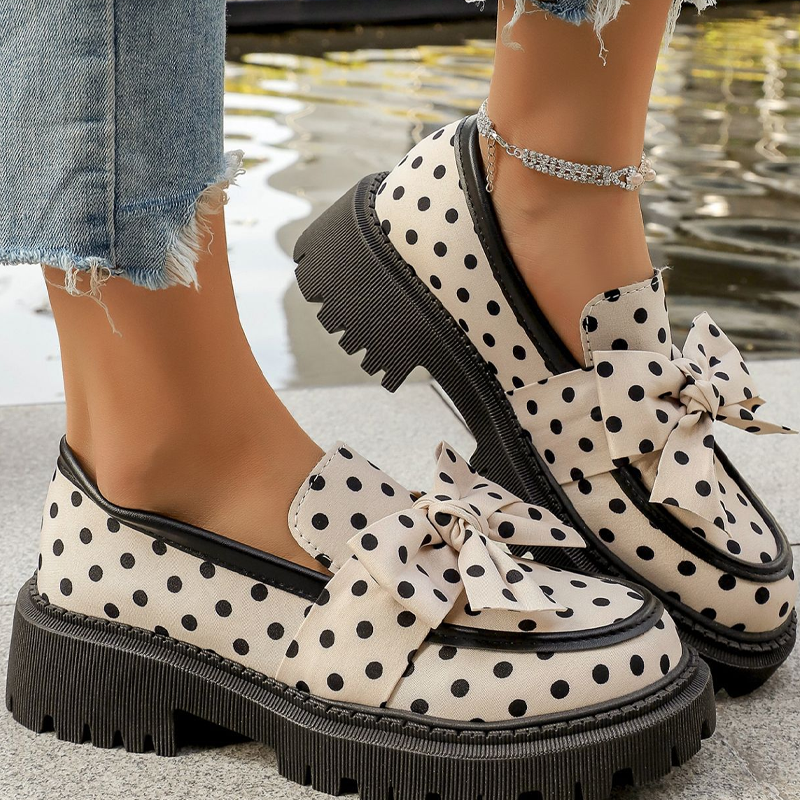 💐Mocassins à Plateforme Pois Ruban🎀Style Rétro & Confortable 👞