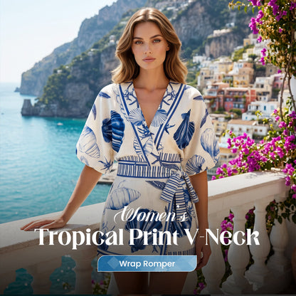🌼Combinaison-short à col en V et imprimé tropical pour femme👗