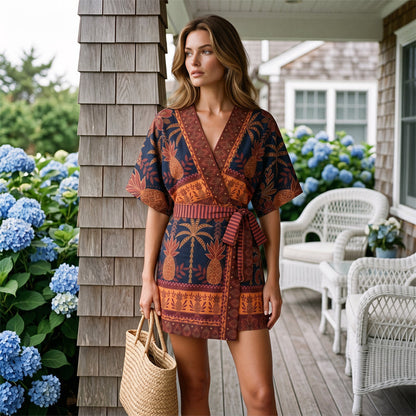 🌼Combinaison-short à col en V et imprimé tropical pour femme👗