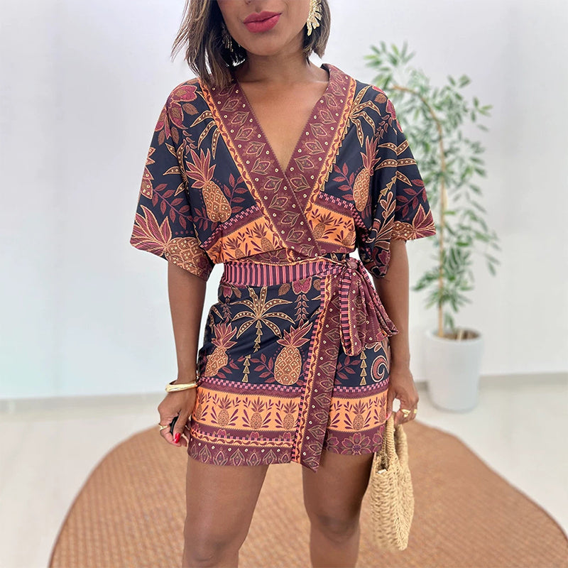 🌼Combinaison-short à col en V et imprimé tropical pour femme👗