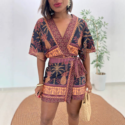 🌼Combinaison-short à col en V et imprimé tropical pour femme👗