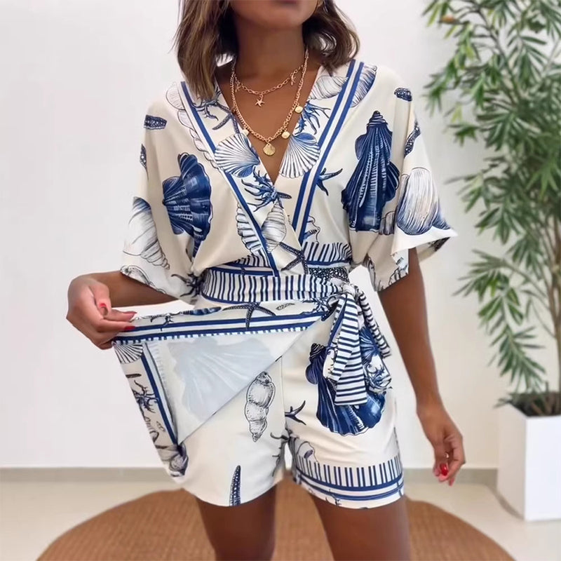 🌼Combinaison-short à col en V et imprimé tropical pour femme👗