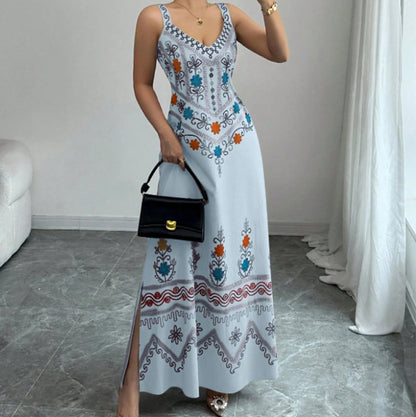 👗 50% DE RÉDUCTION 🌸 Robe sans manches col V à imprimé floral avec fente – Fluide, légère & parfaite pour les journées chaudes – élégante et décontractée ☀️