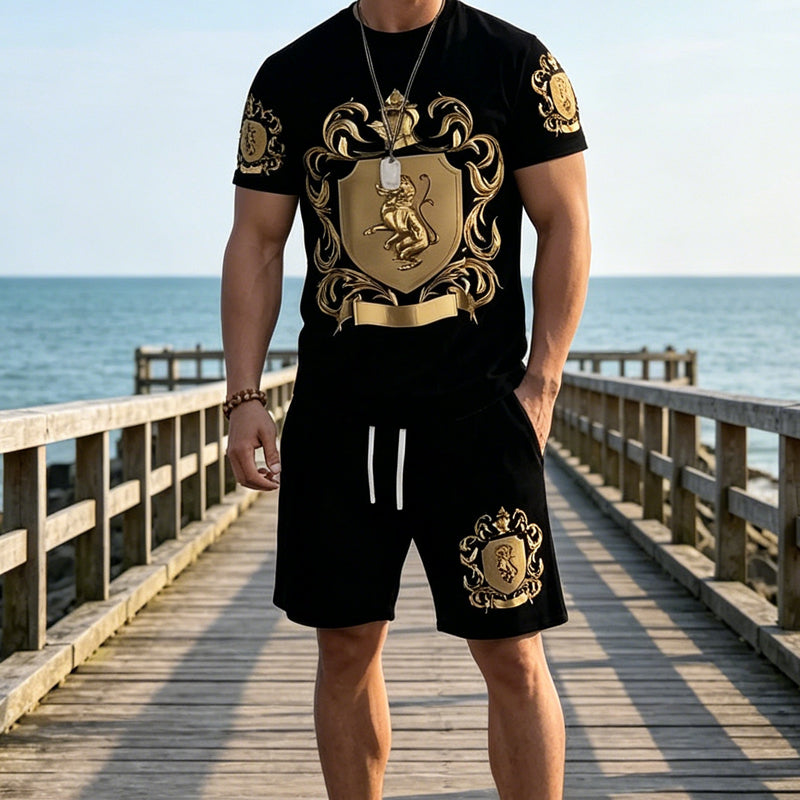 👑 50 % DE RÉDUCTION POUR UNE DURÉE LIMITÉE ! ✨ Ensemble pour homme avec imprimé Gold Crest – T-shirt et short, style décontracté chic ✨