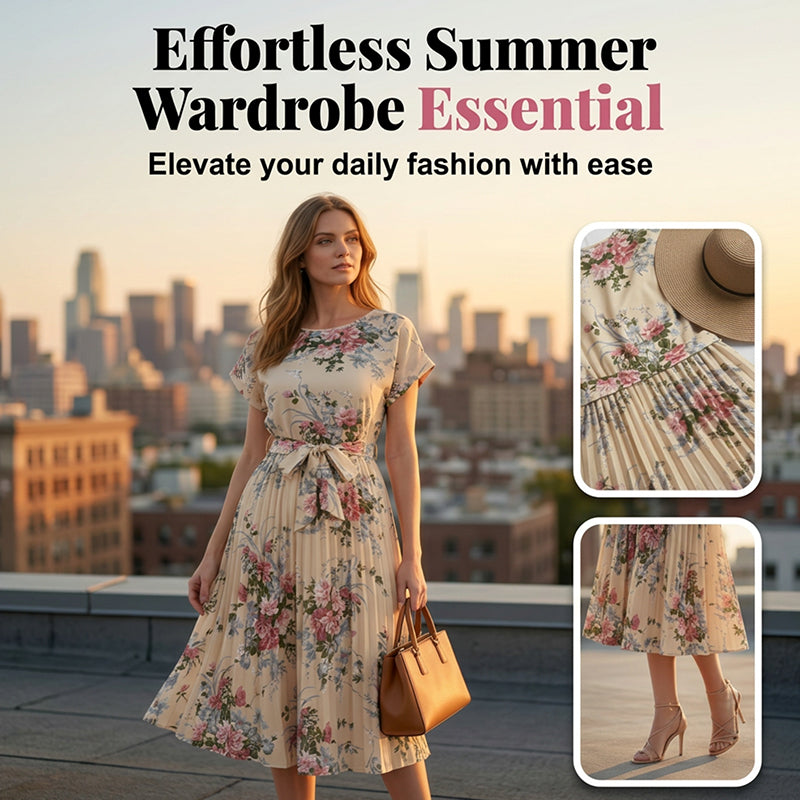 👗 58 % DE RÉDUCTION POUR UNE DURÉE LIMITÉE ! ✨ Robe midi plissée à imprimé floral – Élégante, féminine ✨