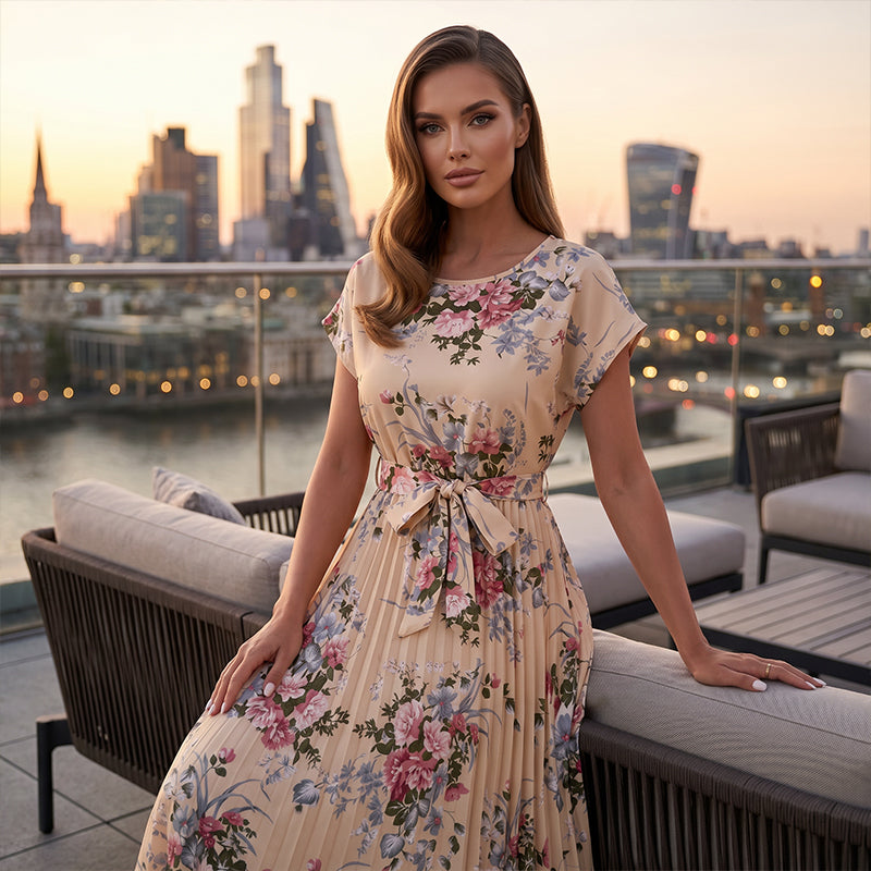 👗 58 % DE RÉDUCTION POUR UNE DURÉE LIMITÉE ! ✨ Robe midi plissée à imprimé floral – Élégante, féminine ✨