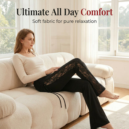 🧵 Pantalon évasé femme à fronces et empiècement en dentelle – Élégant, respirant & parfait pour un look chic ou romantique au quotidien 🌸