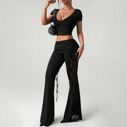 🧵 Pantalon évasé femme à fronces et empiècement en dentelle – Élégant, respirant & parfait pour un look chic ou romantique au quotidien 🌸
